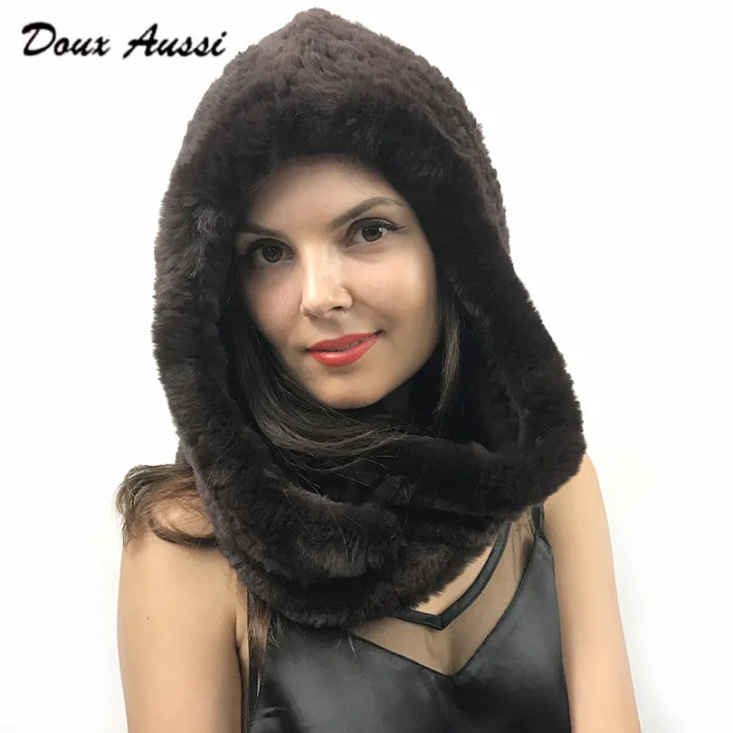 

DOUX AUSSI Natural Rabbit Fur Winter Hats Autumn Warm Dark Blown Full Pelt Casual Genuine Rex Rabbit Fur Women Beanies Hats