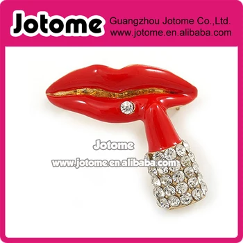 

33mm L Red Enamel, Clear Crystal Lips and Lipstick Brooch In Gold Plating