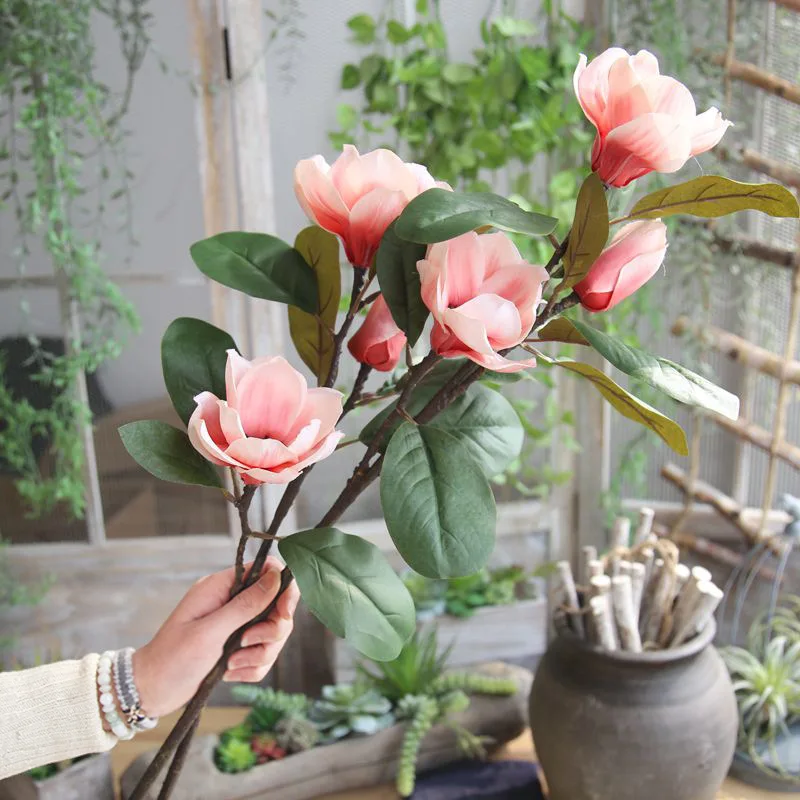 

Artificial Magnolia Flower Branch Silk Fake Blossom Flowers with Leaf Party Shop Home Decor