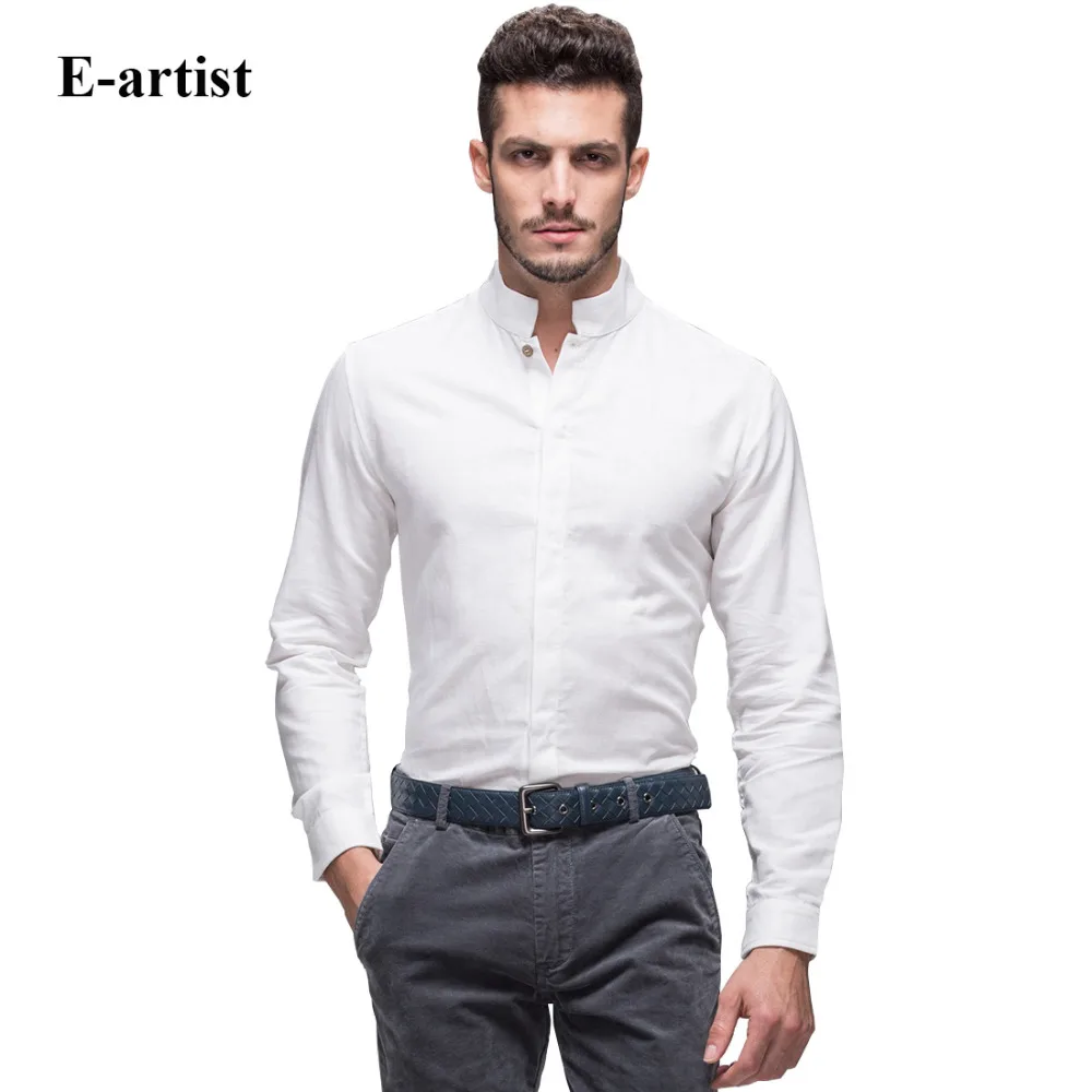 E artist Men's Slim Fit Business Casual Linen Cotton Dress Shirts Long Sleeve Stand Collar