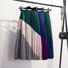 Autumn and Winter Contrast Color Mosaic Plaid Satin High Waist Organ Pleated Skirt Big Card Color Matching Large Pleated Skirt