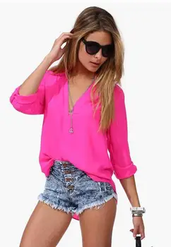 

Free shipping new European and American female models temperament casual long-sleeved V-neck shirt fashion chiffon shirt 70217
