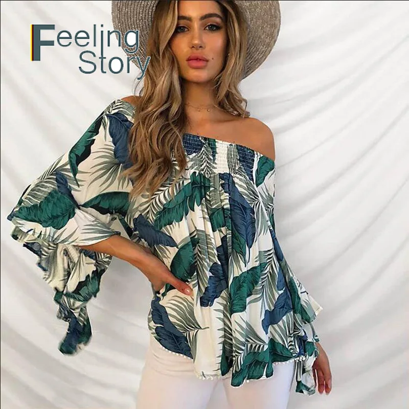 

Boho Ladies Womens Summer Tops and Blouses Horn Sleeve Palm Leaf Printed Open Back Blouses Sexy Green Off The Shoulder Top