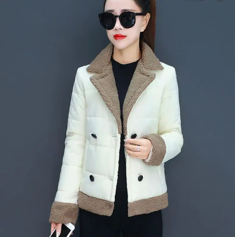 

Autumn and winter new down cotton pad women's youth solid color short double-breasted jacket stitching lamb hair small cotton