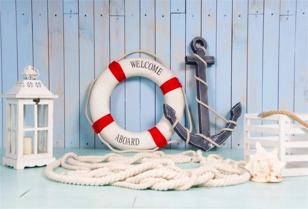 

Baby Birthday Ship Anchor Swimming Ring Lantern Rope Wooden Wall Portrait Photo Backgrounds Photography Backdrops Photo Studio