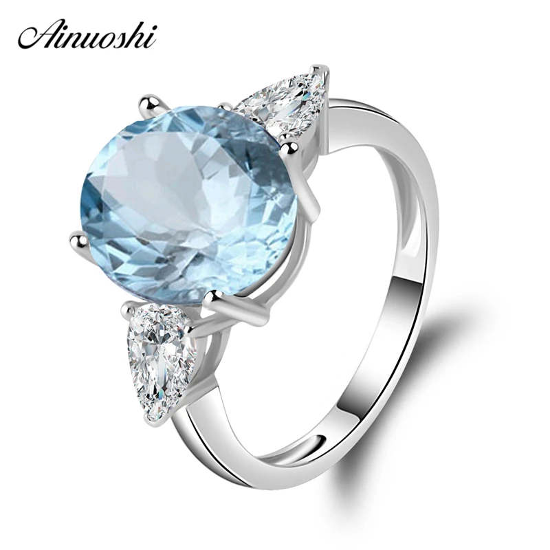 

AINUOSHI 3 Stones Ring 925 Silver 5 Carat Oval Cut Natural Blue Topaz Ring bague Bijoux Women Engagement Wedding Band Jewelry