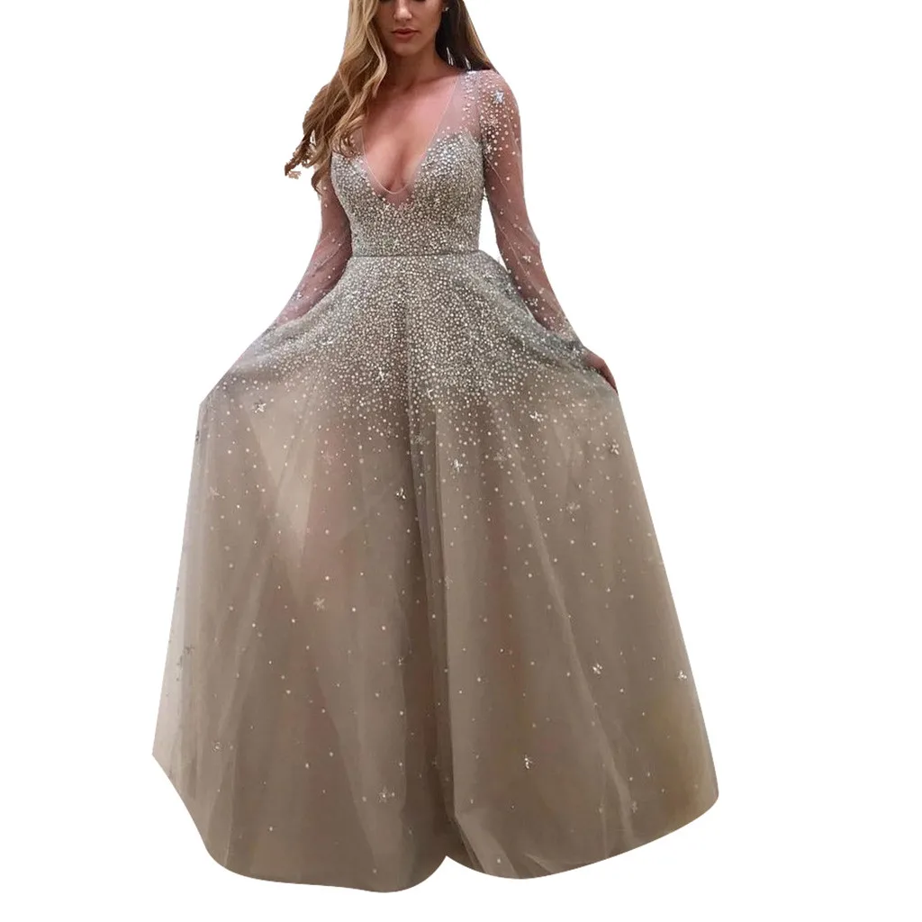 

Feitong Women Sexy Lace Sequin Solid Camis Back Sexy Slim Fit Hollow V-Neck Long Party Elegant Dress party dress women vestidos