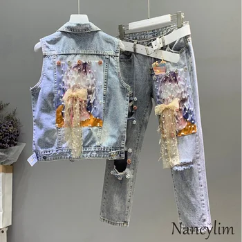 

Summer Vest Jacket Coat Lady 2019 New Korean Joker Fashion Heavy Bead Patch Holes Denim Waistcoat Sleeveless Jackets Lady Coats