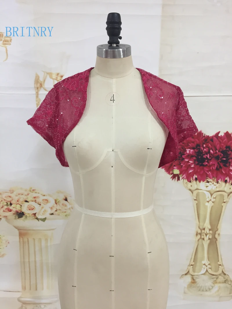 

BRITNRY Elegant Bolero Women Short Sleeves Custom Made Lace with Sequins Bling Bling Wedding Jacket Wine Red Wedding Cape
