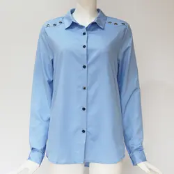 Летняя женская повседневная однотонная блуза с воротником-стойкой и длинными рукавами из полиэстера