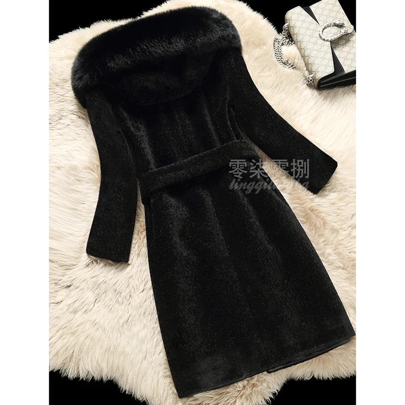 Высокое качество Новая мода Женское зимнее черное меховое пальто с капюшоном большой размер свободная теплая меховая парка длинное пальто LF754