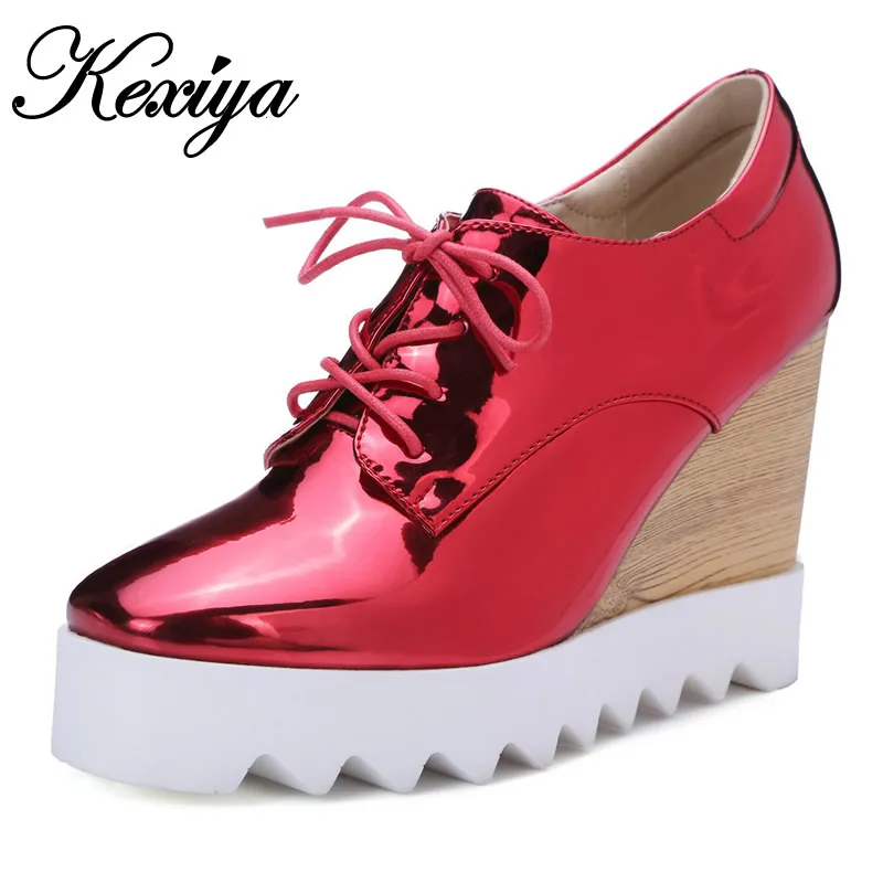 

2016 Spring/Autumn women pumps fashion Square Toe Lace-Up ladies shoes silver platform Wedges high heels zapatos mujer 33-40