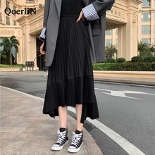 QoerliN, винтажные юбки с высокой талией, женские, летние, эластичная талия, модные, плиссированные юбки, черные/белые, с оборками, нестандартная ретро одежда