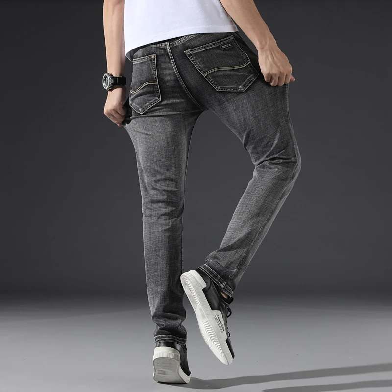 Классические мужские темно-серые джинсы новые брюки модные повседневные хлопковые эластичные облегающие Брендовые мужские брюки