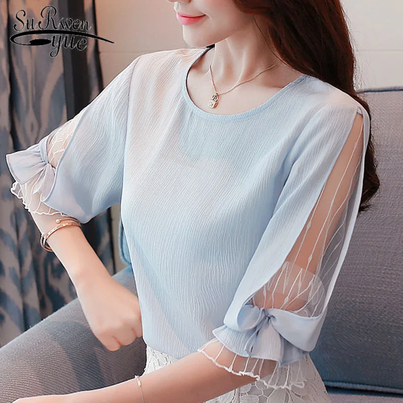 

2019 fashion sky blue chiffon women blouse shirt summer half sleeve women's tops sweet o-neck women's clothing blusas D740 30