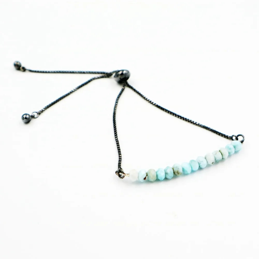 

Natural Stone Blue Larimar Approx 2x4mm Handcut Faceted Beads Alloy Chain Bracelet Nice Gift 7''-10''