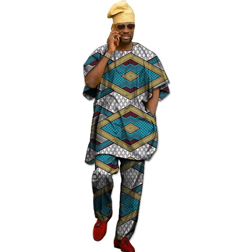 Африканский Традиционный костюм рубашка для мужчин Дашики одежда модные мужские топы с короткими рукавами и брюки комплект Африка