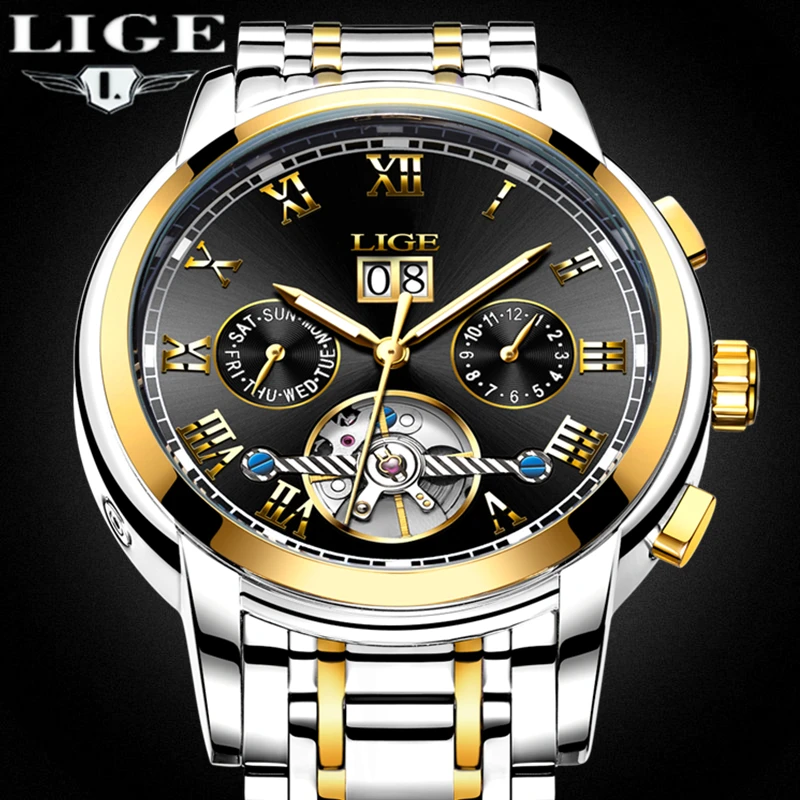 جديدة فاخرة ماركة ييج التلقائي الميكانيكية ووتش الرجال الأزياء الذهب كاملة صدأ ساعات عمل الرياضة للماء relogio masculino