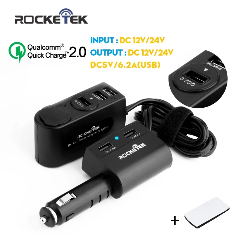 Rocketek Quick car charger 2 0 6 2A USB Adapte with 2 Cigarette Lighter car charger