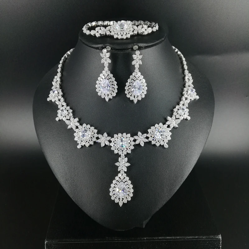 

2019 NEW FASHION luxury vintage crystal CZ zircon necklace earring bracelet ring wedding bridal banquet dressing jewelry set