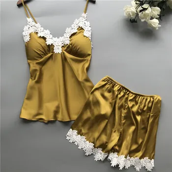 

Summer New Ice Silk Thin Section Women Pajamas With Chest Pad V-Neck Sexy Spaghetti Strap Shorts Twinset Sleepwear