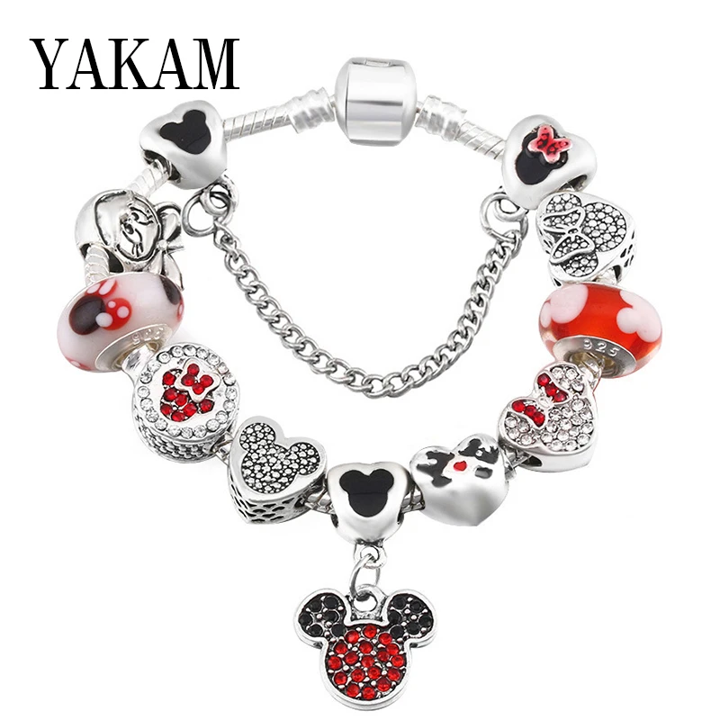 

Red Enamel Bow Minnie Beads Bangle Fit Original Denmark Charms Bracelet Clear Black CZ Mickey Safe Chain Charm For Women Pulsera