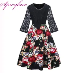 Spicylace Женская мода 2018 винтажное платье с цветочным принтом и кружевными расклешенными рукавами элегантные вечерние платья с высокой