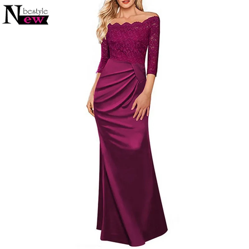 Elegant Women Lace Maxi Dress Off Shoulder Lace Sleeve Sexy Floor