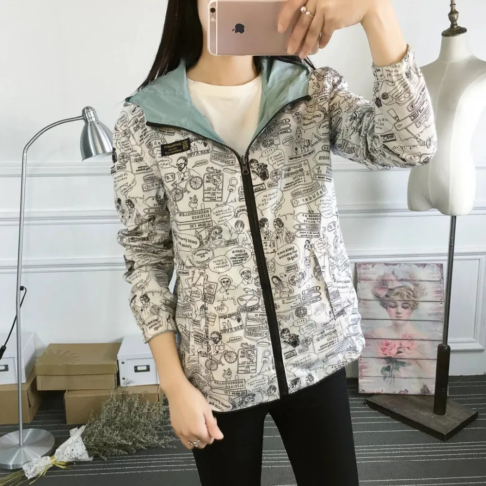 MLinina 2018 Autumn Women Bomber Basic Jacket Pocket Zipper Hooded Two Side Wear Cartoon Print Outwear Loose Coat windbreaker MLinina 2018 Autumn Women Bomber Basic Jacket Pocket Zipper Hooded Two Side Wear Cartoon Print Outwear Loose Coat windbreaker