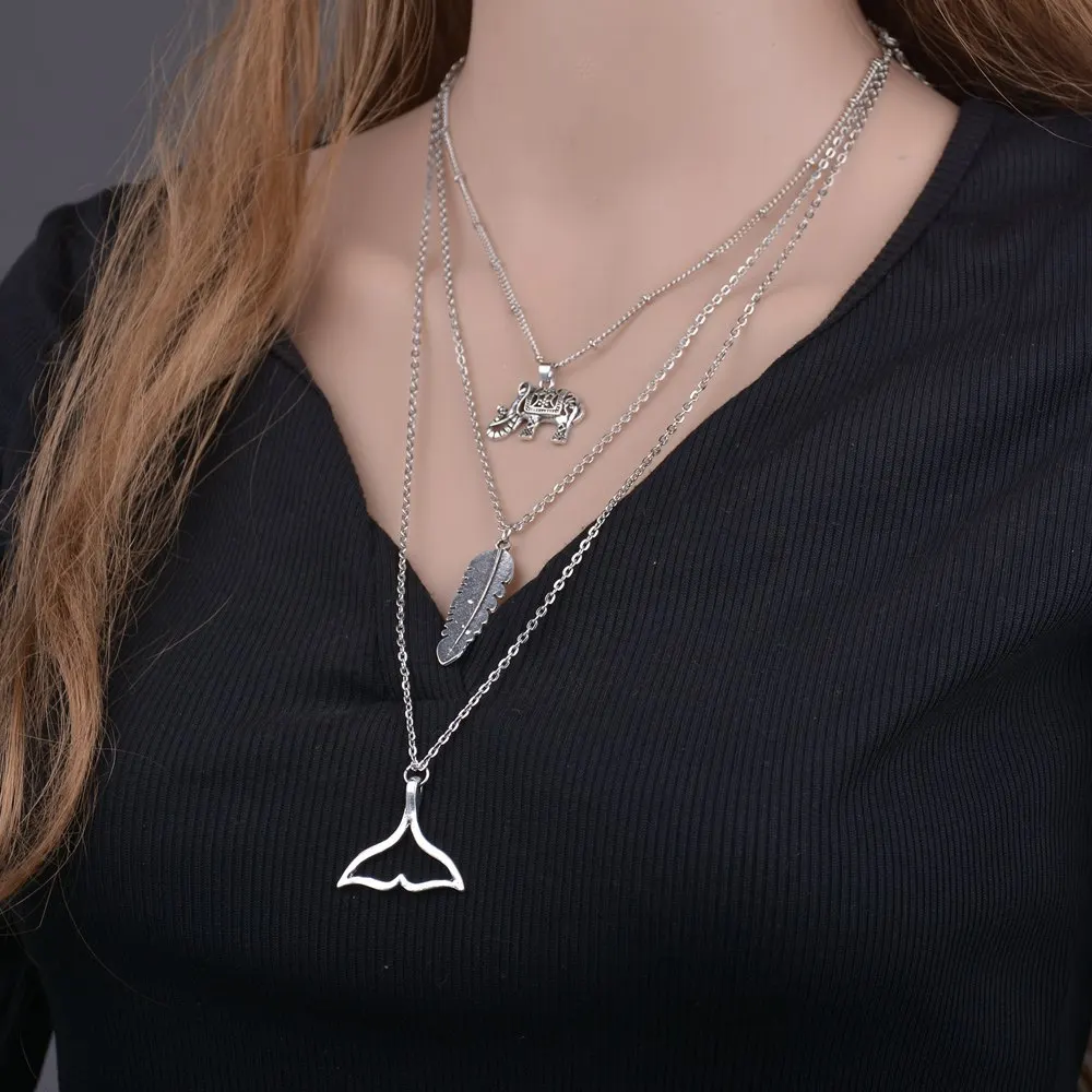 

Fashion Vintage Elephant Feather Fishtail Leaf Pendant Boho Style Necklace Personality Three Layers Beach Women's Wild Necklace