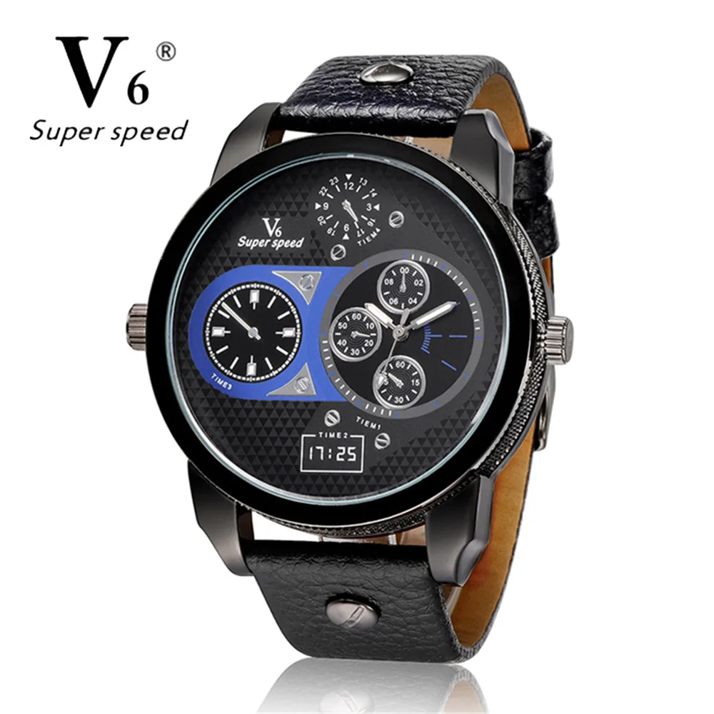 

V6 Luxury Sports Clock Ultra Big Dial Quartz Watch Men Dress Vintage Leather Band Male Military Watches Gift relogio masculino