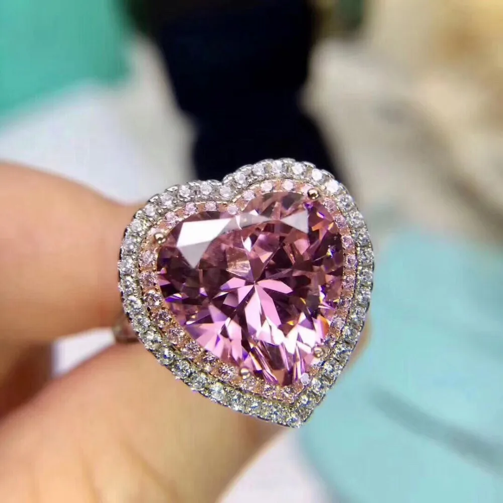 

Kindlegem 925 Sterling Silver Big Crystal Pink Stone Heart Rings For Women Engagement Wedding Party Luxury Brand Jewelry
