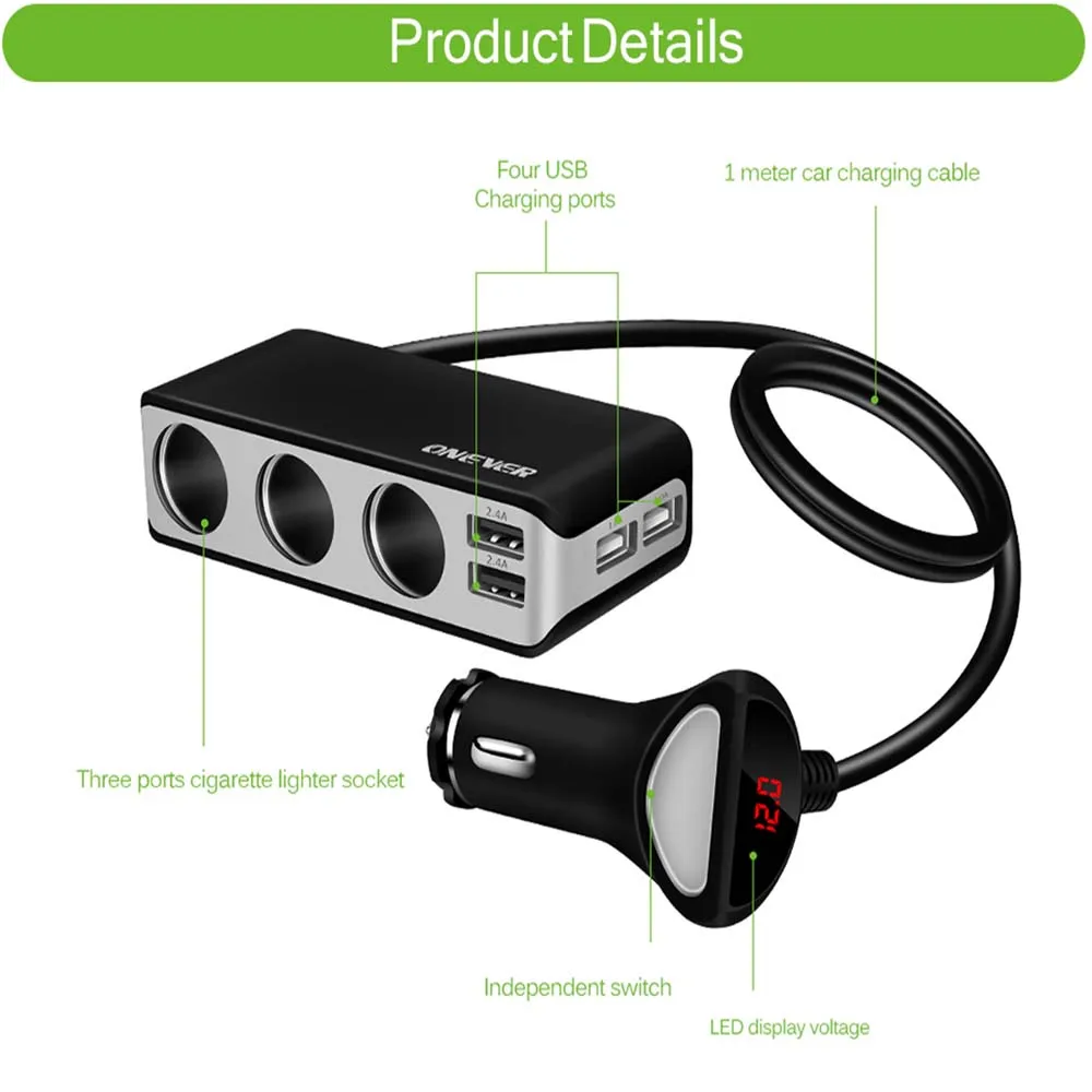 4 USB Port Car Charger 6.8A USB Charger Voltmeter with 3 Way Car Cigarette Lighter Socket Splitter 120W Power Adapter Charger