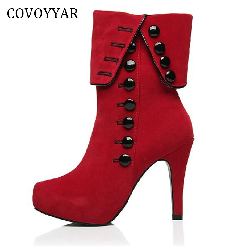 

2019 Button Decor Platform Women Ankle Boots Red High Heels Women Shoes Autumn Winter Flock Ladies Boots Big Sizes 35~43 WBS516