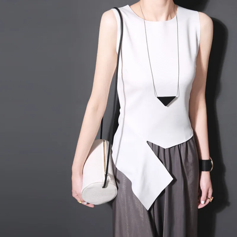 

2019 Summer Sexy Women Soft Sling Irregular Cut Bottoming Basic Vest Sleeveless Elastic OL Lady Short Top Tank Tees