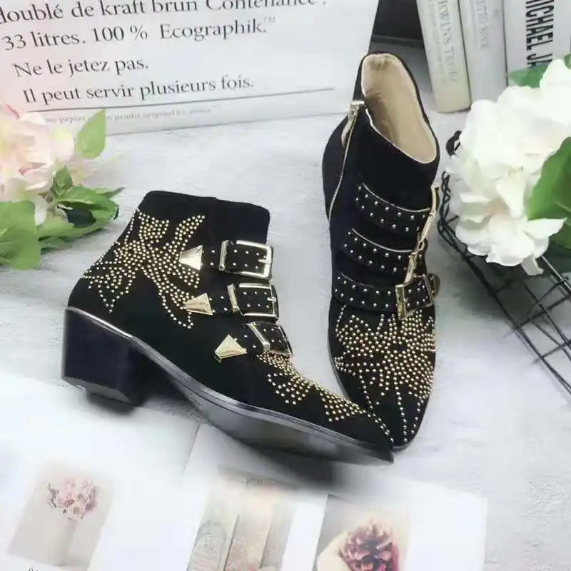 

2018 autumn and winter women fashion buckles pointed toe genuine leather boots female rivets beading flora pattern zipper boots