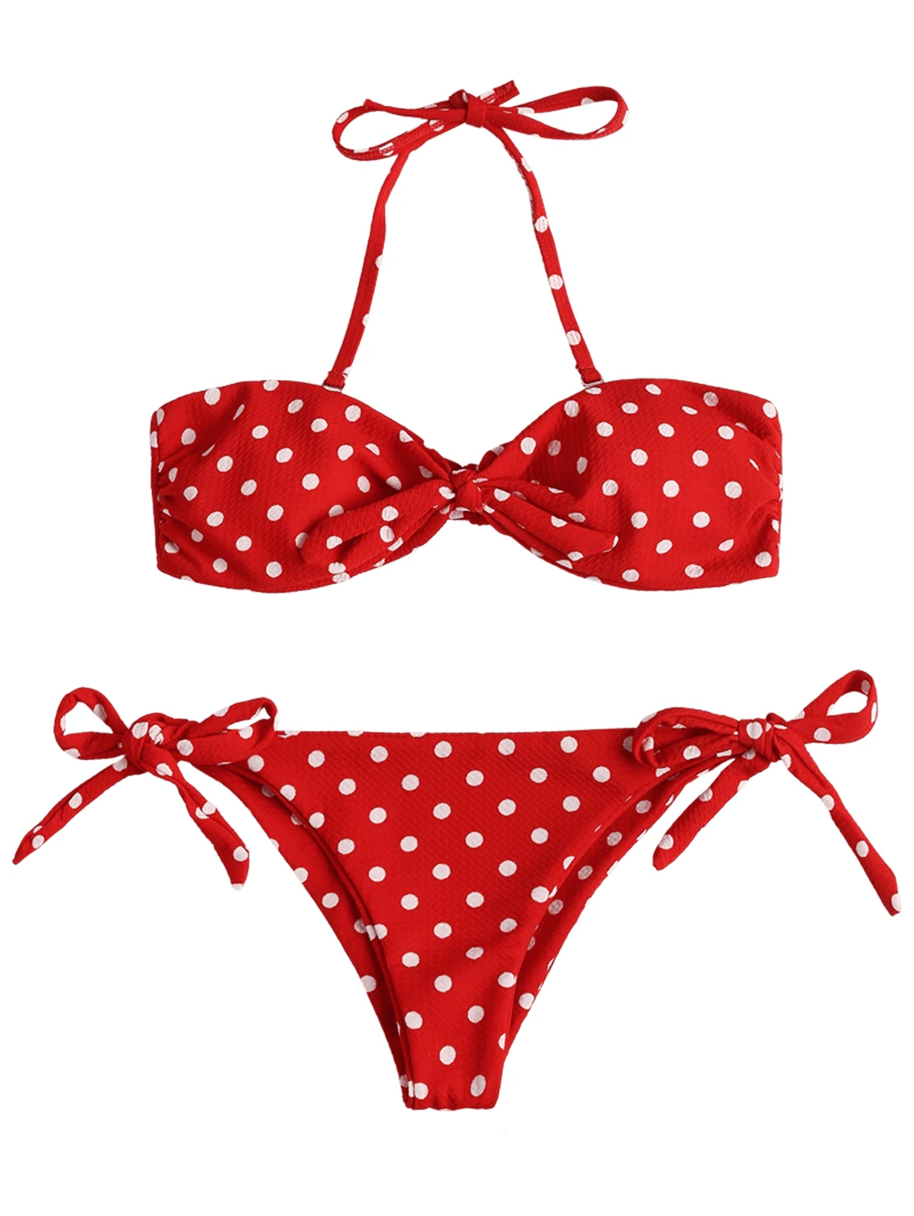 2018 Women High Waist Padded Bikini Wire Free Spaghetti Straps Polka