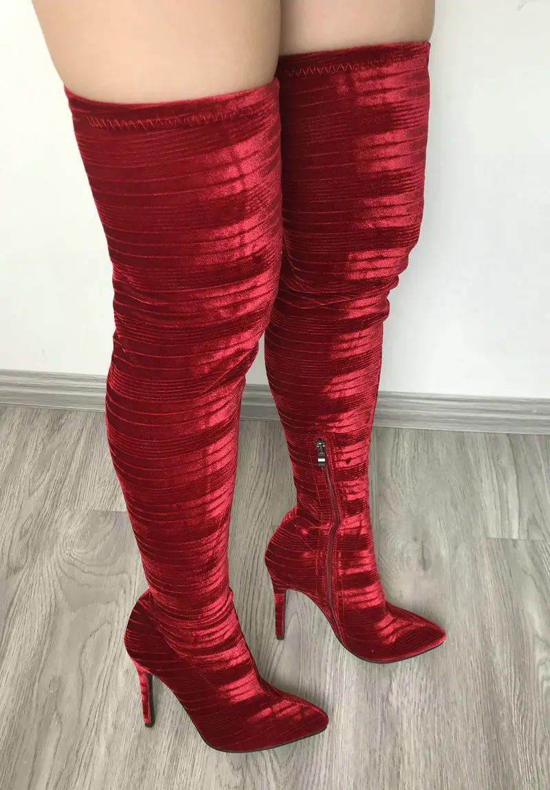 Женские эластичные сапоги из бархата и лайкры на высоком каблуке; женские ботфорты; цвет красный, черный, бежевый; женская зимняя обувь