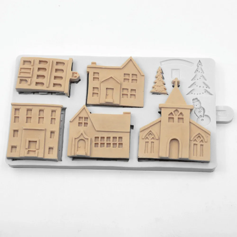 Fang Dan sugar cake silicone mold winter village house snowman chocolate Decorative candy baking tools | Дом и сад