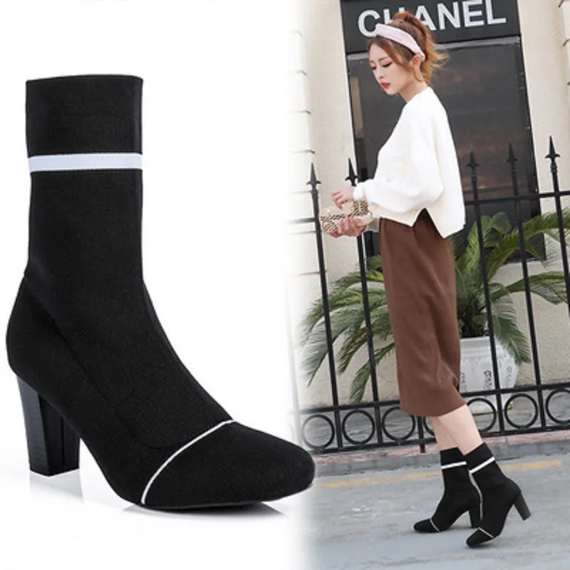 

MoBeiNi 2018 new autumn and winter women's shoes thick high heel women's boots stretch socks in the tube boots slip-on platform
