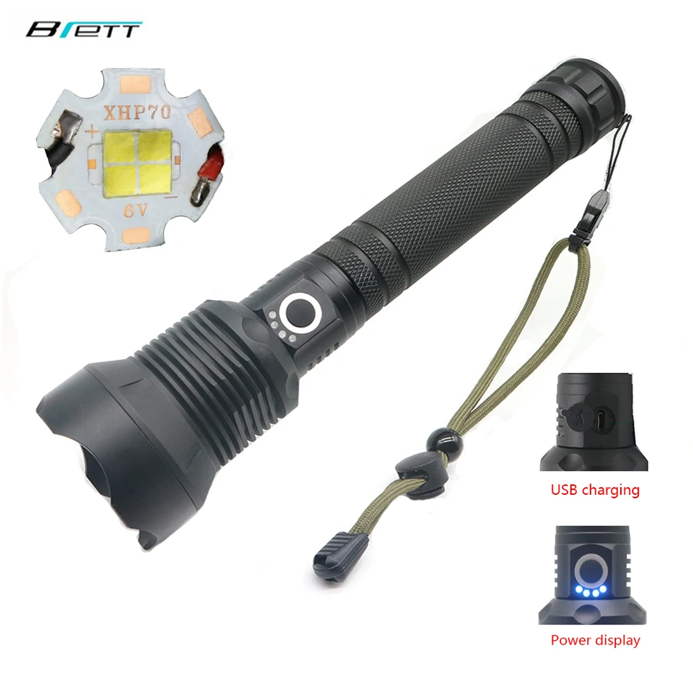 

LED flashlight cree xhp70 Hard Light Power display USB Charging Outdoor Camping Hunting Patrol Self Defense Powerful led torch