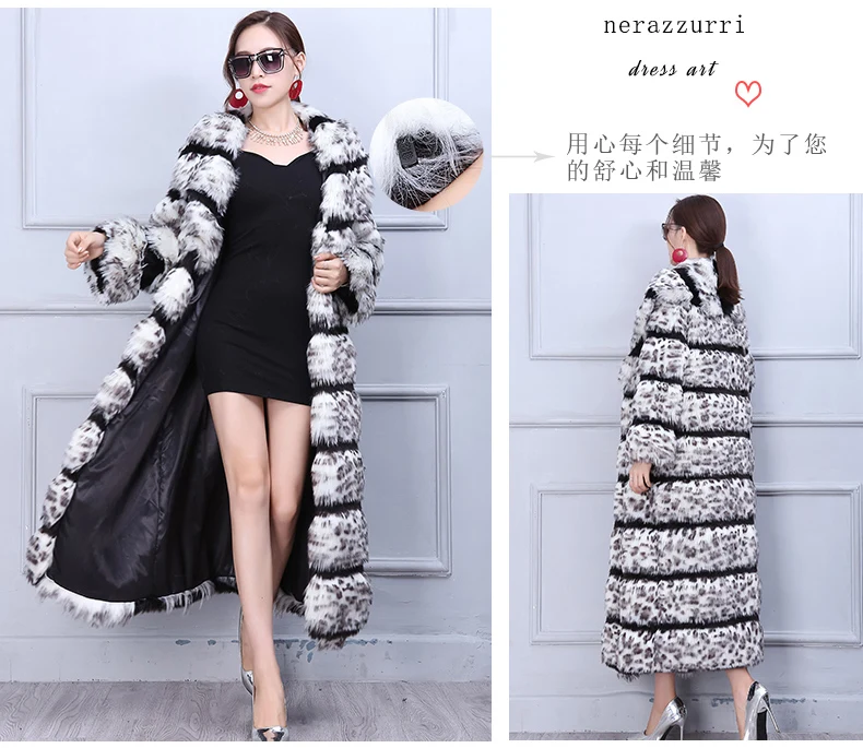 Nerazzurri высококачественное пальто из искусственного меха с леопардовым принтом женское длинное Элегантное зимнее утепленное пальто Макси размера плюс из лисьего меха 5xl