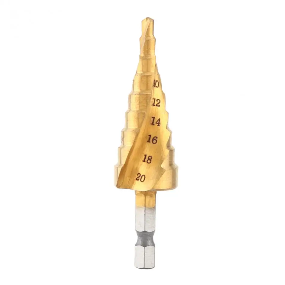 

1pc High Speed Steel Titanium Coated Step Drill Bit Spiral Flute Hex Shank Power Tools 4-20mm