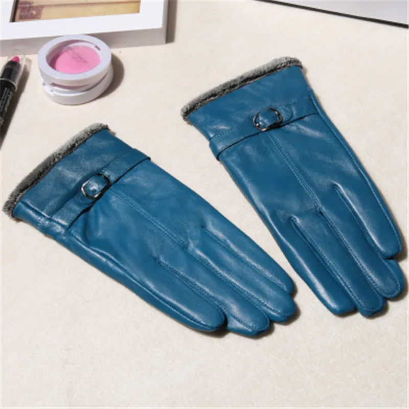 Новинка, зимние перчатки из натуральной кожи, женские теплые утолщенные перчатки из овчины, кожаные перчатки для вождения, 13 цветов, D-159-5 - Цвет: blue