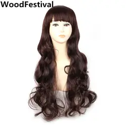 WoodFestival корейский Оберн коричневый длинные волнистые черный парик с Синтетические чёлки волос парик из натуральных волос Искусственные