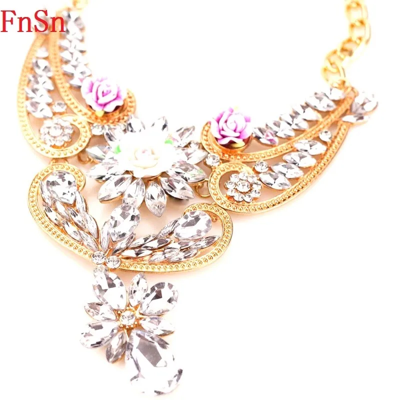 

FnSn New Hot Crystal Necklace Charm Choker Trendy Women Gift Zinc Alloy Pendant Flower Chain Collier Style Fashion Jewelry N1157