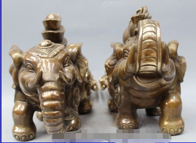 

11" Chinese Bronze Feng Shui Elephant Gourd Ruyi Money Wealth Luck Statue Pair