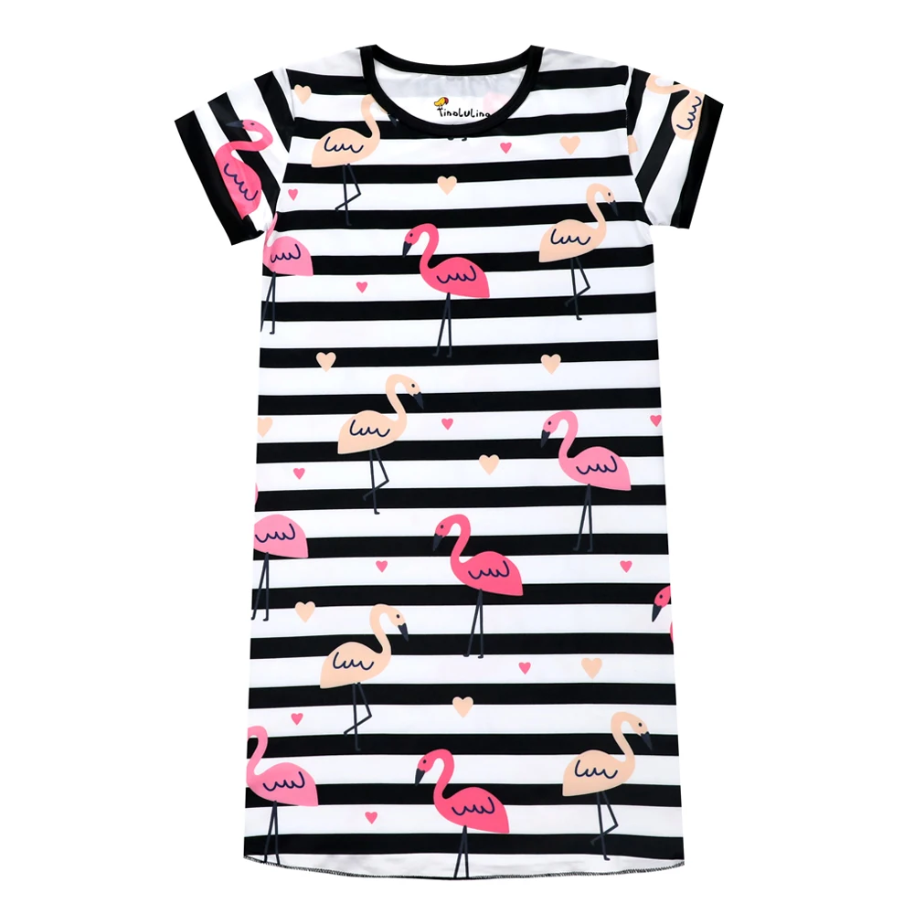 Платье в полоску с объемным рисунком фламинго для Девочки ночные рубашки Детская летняя одежда для сна с единорогом детская ночная рубашка, платья с принтом для детей от 3 до 10 лет