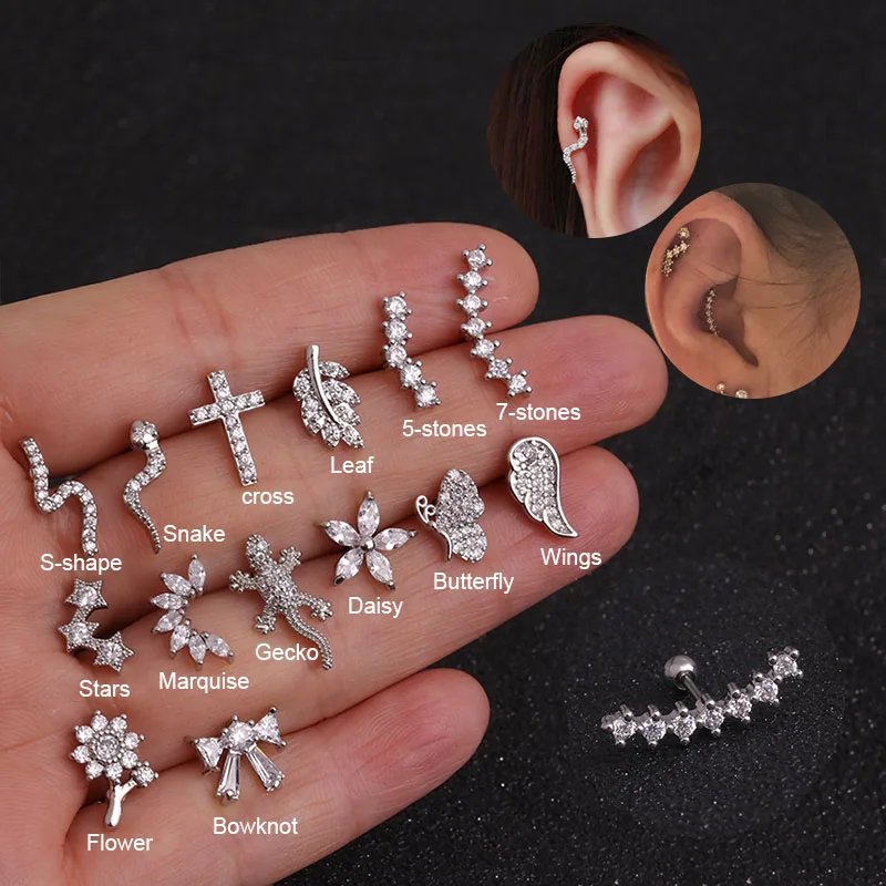 

Sellsets Helix Cartilage Piercing Jewelry Snake Gecko Cross Star Wing Lear Flower Cz Cartilage Stud Rook Tragus Conch Earring