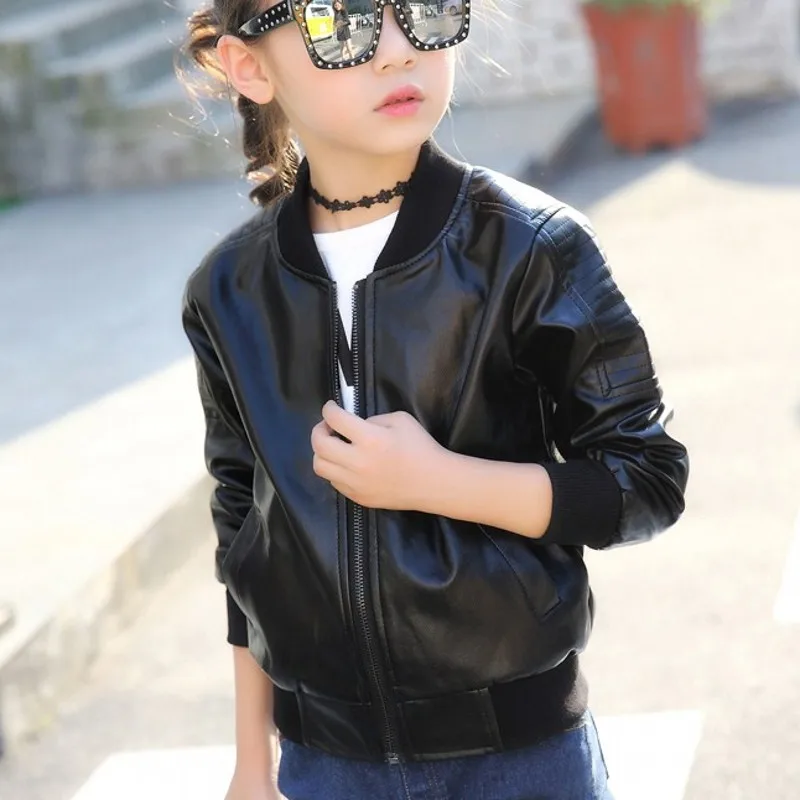 New V neck black Leather Faux girls coats Spring Autumn Children
